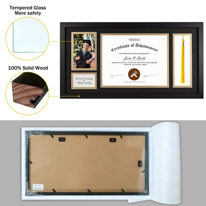 Golden State Art, Wood Diploma Tassel Shadow Box 11x22 Frame for 8.5x11 gallery