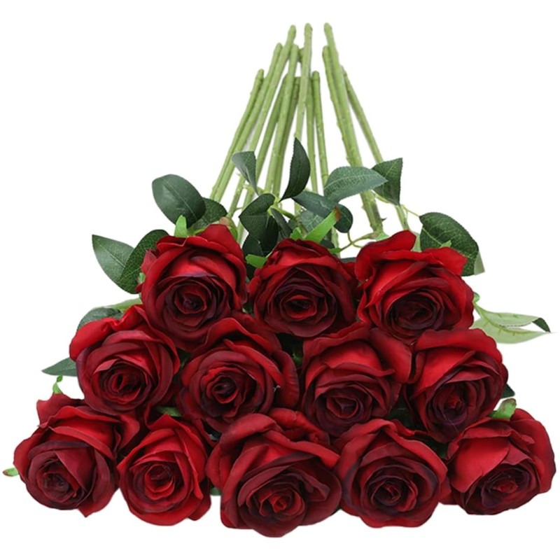 12pcs Red Roses Artificial Flowers,Realistic Long Stem Fake Silk Roses Bouque…