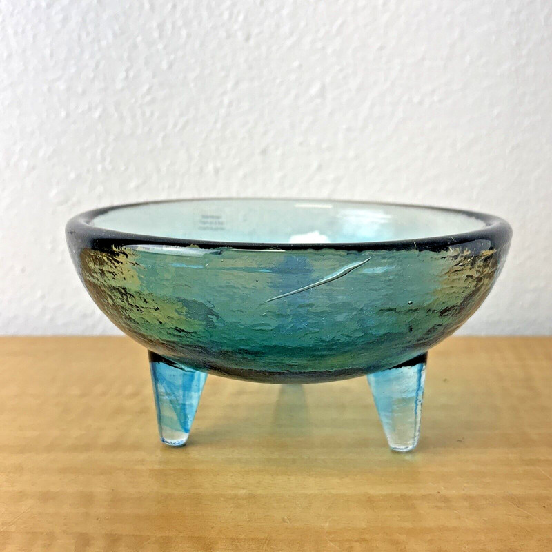 Art Glass Trinket Dish textured Vintage blues swirls three feet hand made gallery