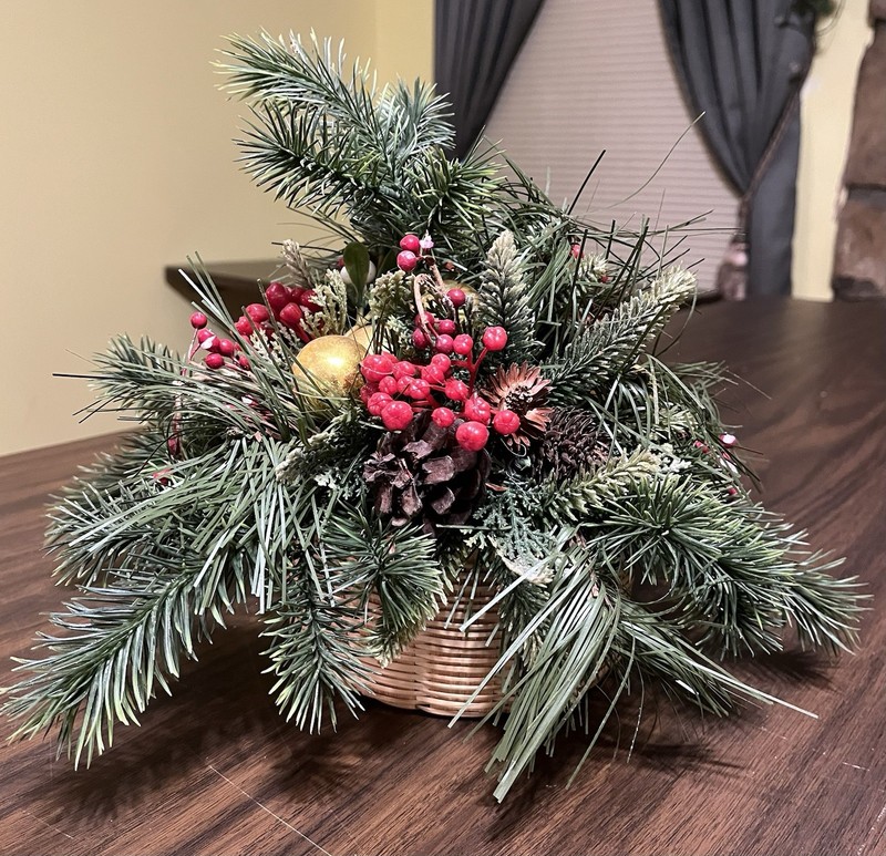 Festive Artificial Christmas Floral Arrangement In Small Round 6” Woven Basket gallery