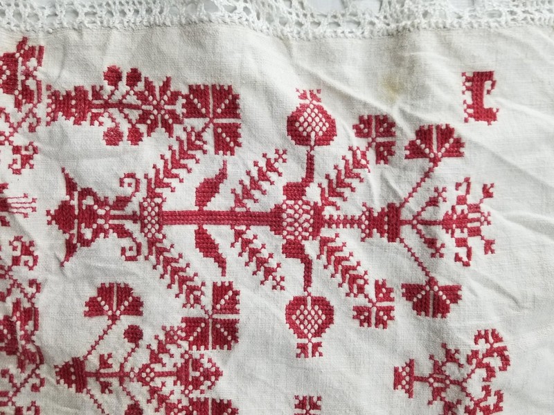 Antique Eastern European Red Cross-Stitched Panel with Lace Trim 94x57 in gallery