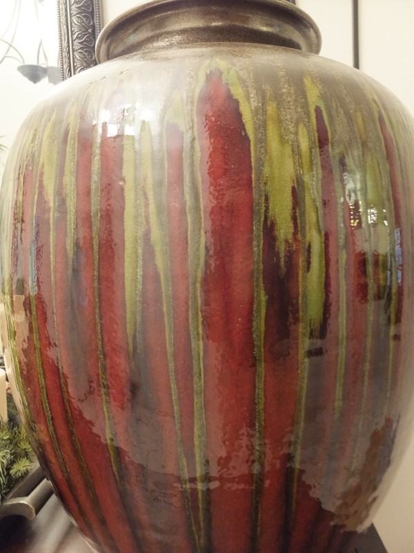 New Pier 1 Imports Large Vase Burgundy Red Green Metallic Bronze Reactive Glaze gallery