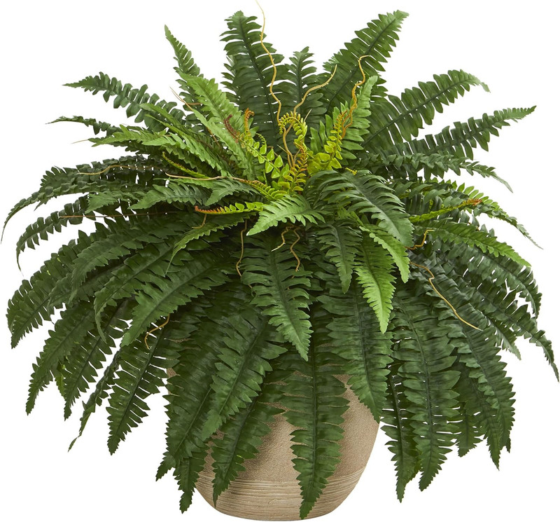 22″ Boston Fern Artificial Plant in Sandstone Planter, Green
