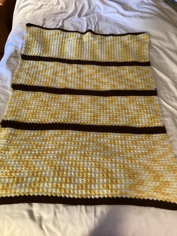 Afghan Blanket Throw Crochet Stripes VTG Yellow White Brown 46×35 Unisex