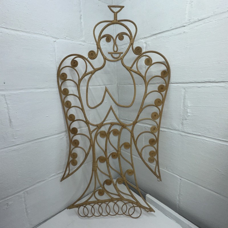 Vintage Rattan Wicker Christmas Boho Wall Decor 38” Angel Rare Find!