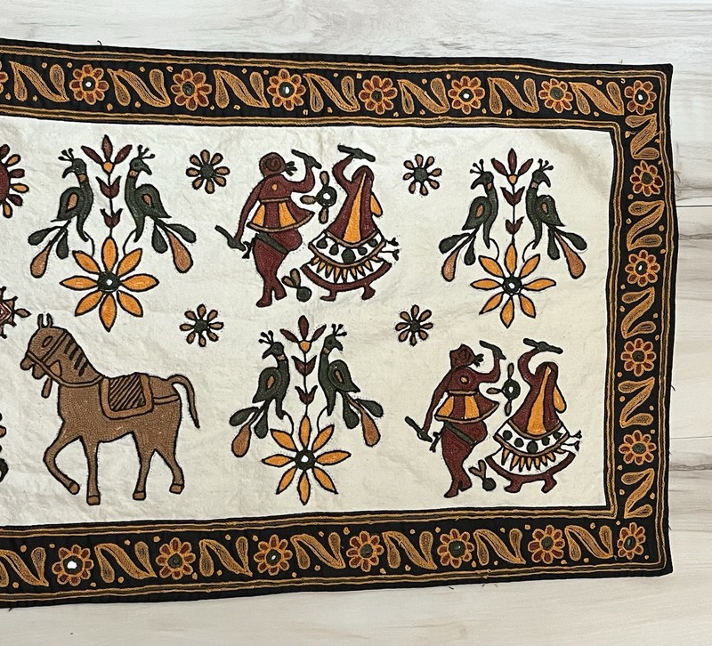 VTG Indian Embroidered Mirror Textile Hanging Folk Art 56x19 Tapestry Banner gallery