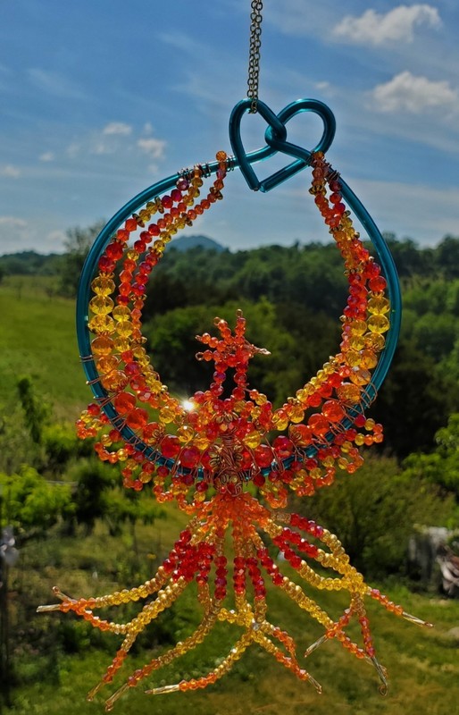 Crystal Beaded OOAK Phoenix Bird Suncatcher Decor 11 X5 Inches Handmade