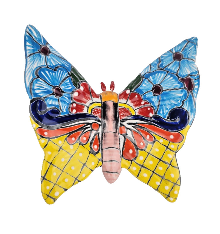Sky Blue & Yellow Talavera Style Butterfly Handcrafted Mexican Folk Art Décor