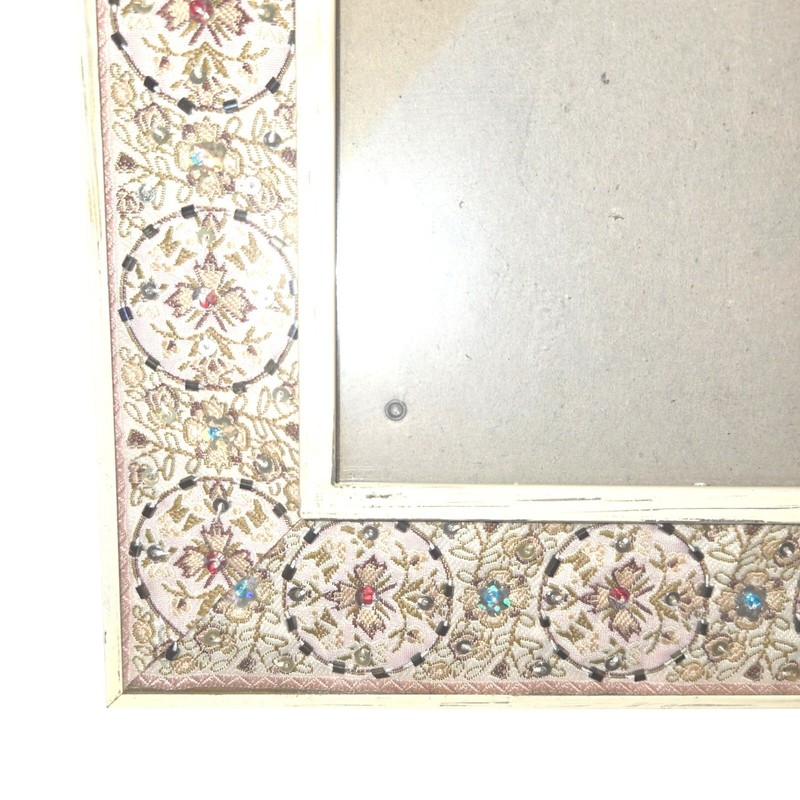 Distressed Metal Glass Photo Frame 5X7 Cream Gold Beaded Embroidered Silk Lined gallery