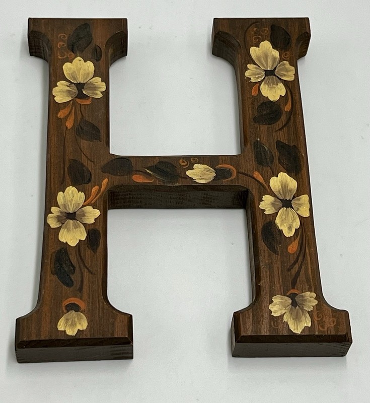 Vintage Wood Monogram Handpainted Rosemaling Art Wall Letter “H” Signed Browns