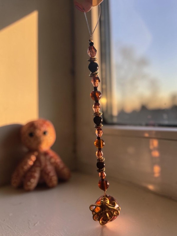 Handmade one of a kind Octopus brown crystal glass bead suncatcher 6″ (6 inches)