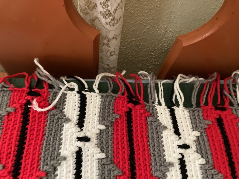 Handmade crochet " Afghan black/ gray / Red and white 74" x 61" Fringe on 2 end gallery