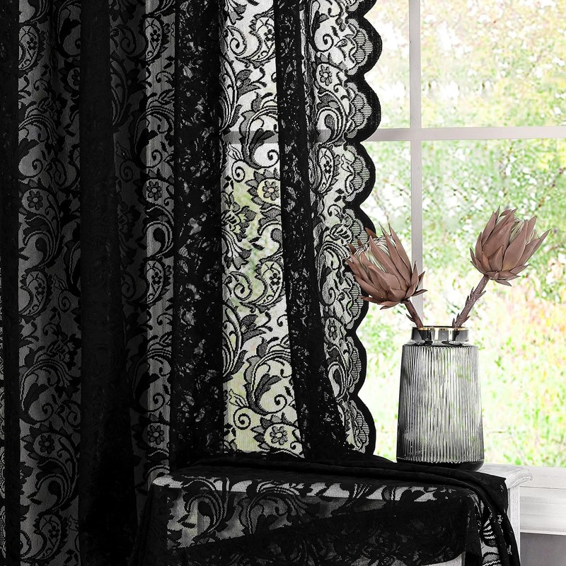Black Sheer Lace Curtains 84 inch Vintage Floral Sheer Gothic Curtain Panels for