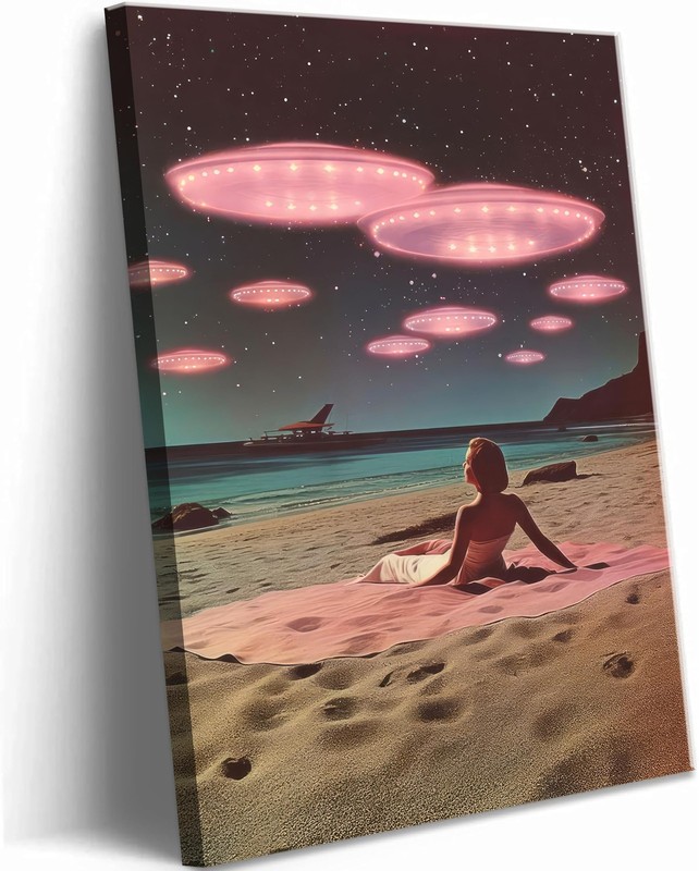 Ufo And Alien Encounter Canvas Wall Art Trippy Spaceship Beach Painting Pictu…