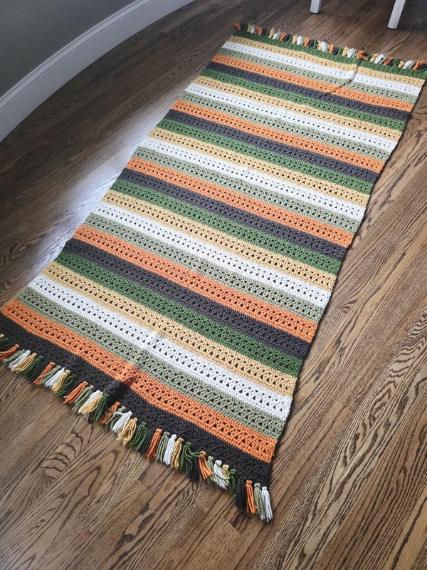 Handmade Striped Crochet Throw Blanket in Orange, Green, Brown & Cream 76" x 39" gallery