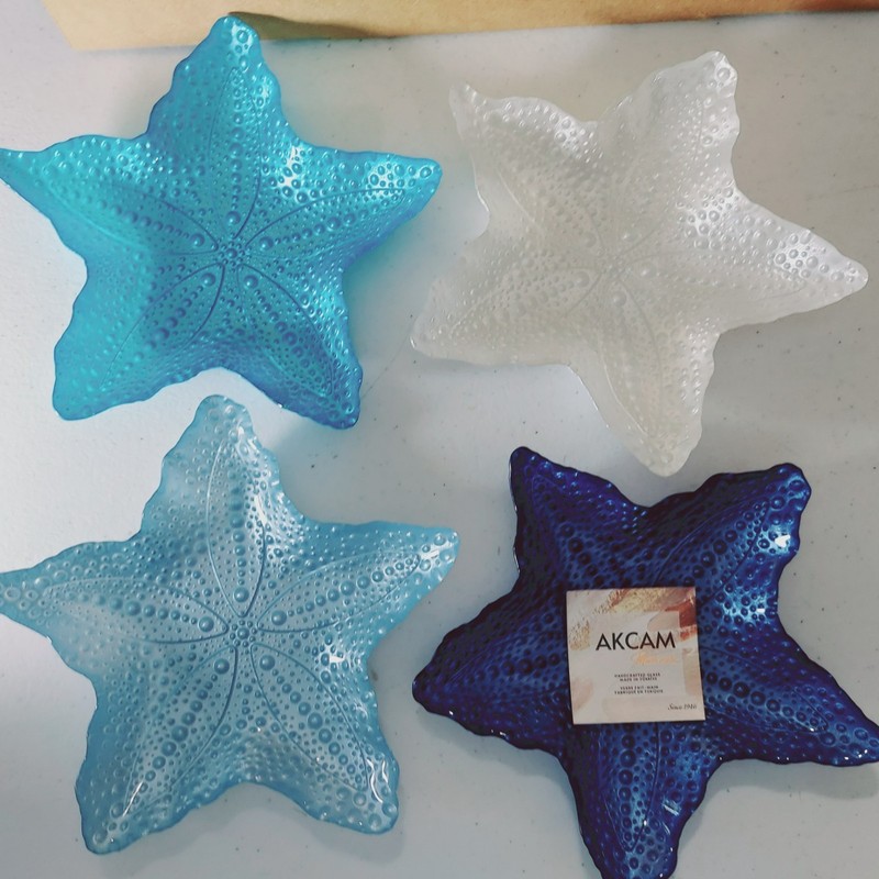 Set of 4- 6" Small Akcam Turkish Glass Starfish Plates Dishes Coastal 4 Colors gallery