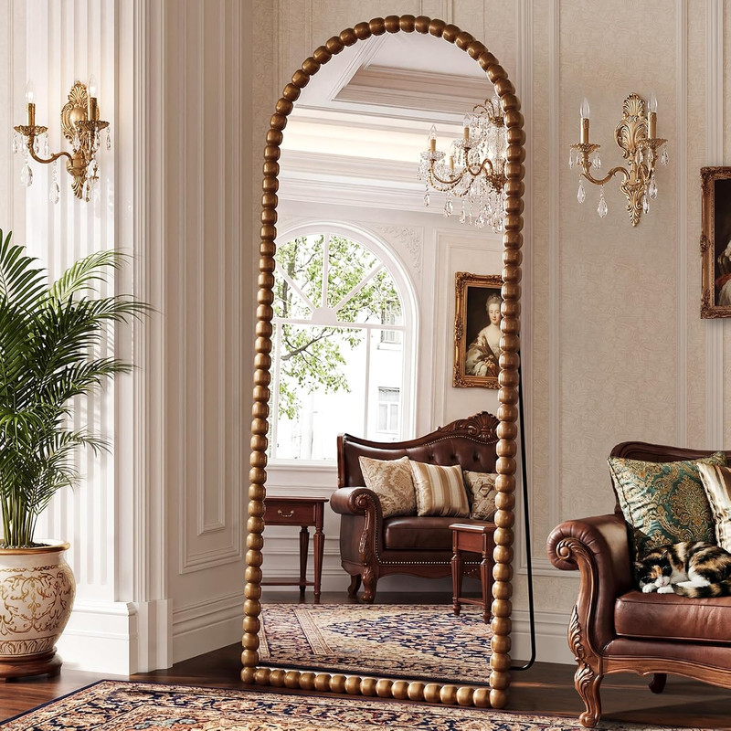 Vintage Full Length Mirror with Stand, 71×28 Inch Arched Beaded Full Body Mirror