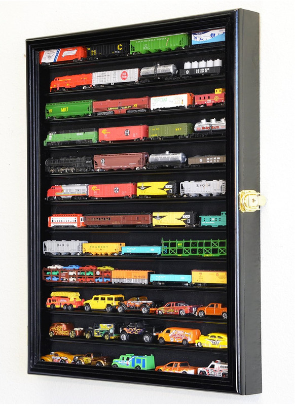 Train Display Case N/Z Scale Black Wall Cabinet Railroad Locomotive Wood Frame gallery