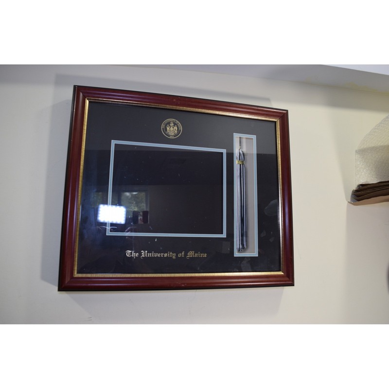 University of Maine Diploma Frame Tassel Shadow Box Cherry Wood Gold Trim FLAW