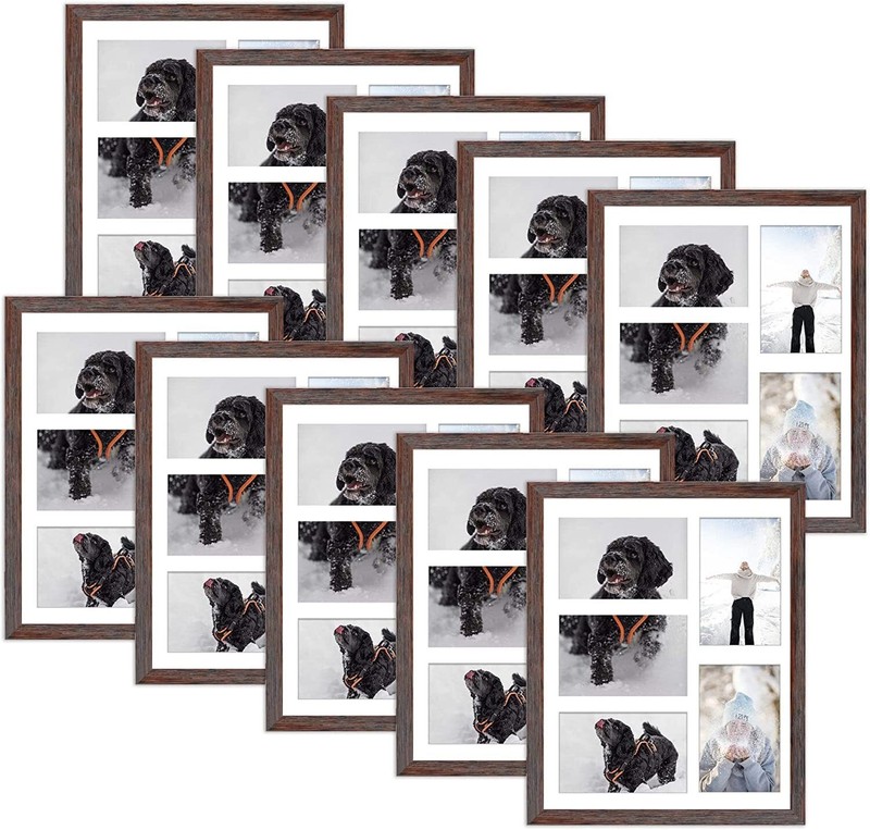 11×14 Distressed Brown Wood Frame White Mat for 5 4×6 Photos Glass 10 Pack