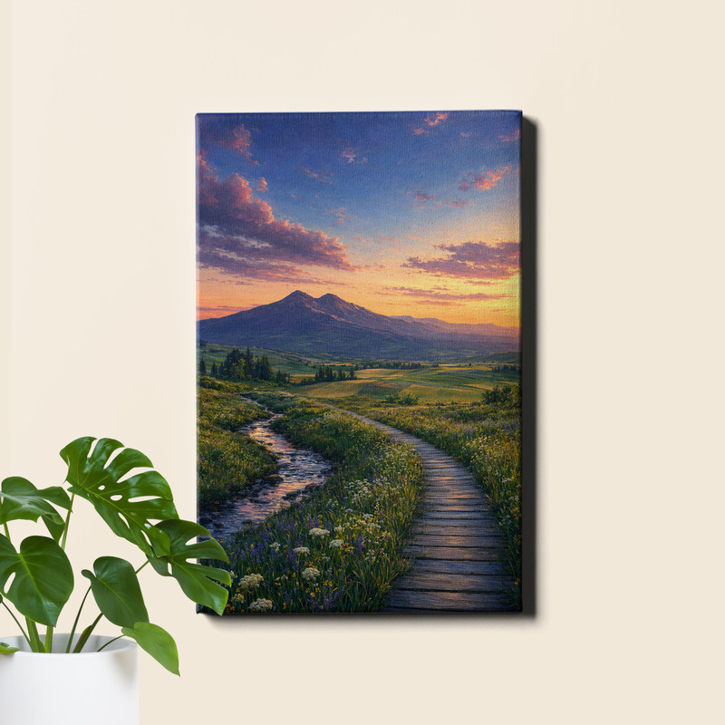 Twilight countryside boardwalk and mountain landscape Canvas Print serene trail