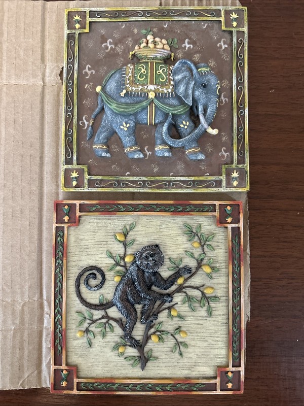 Set of 2 Elephant Monkey Ceramic Tile Trivets Wall Plaques 3D Relief Art