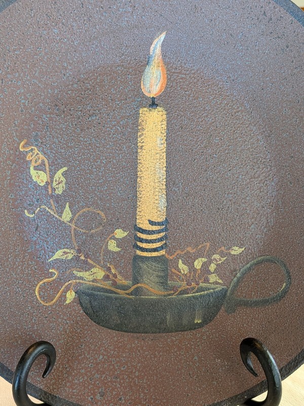 Vintage Primitive Folk Art Candle Plate Signed Donna White Rustic Country Decor gallery