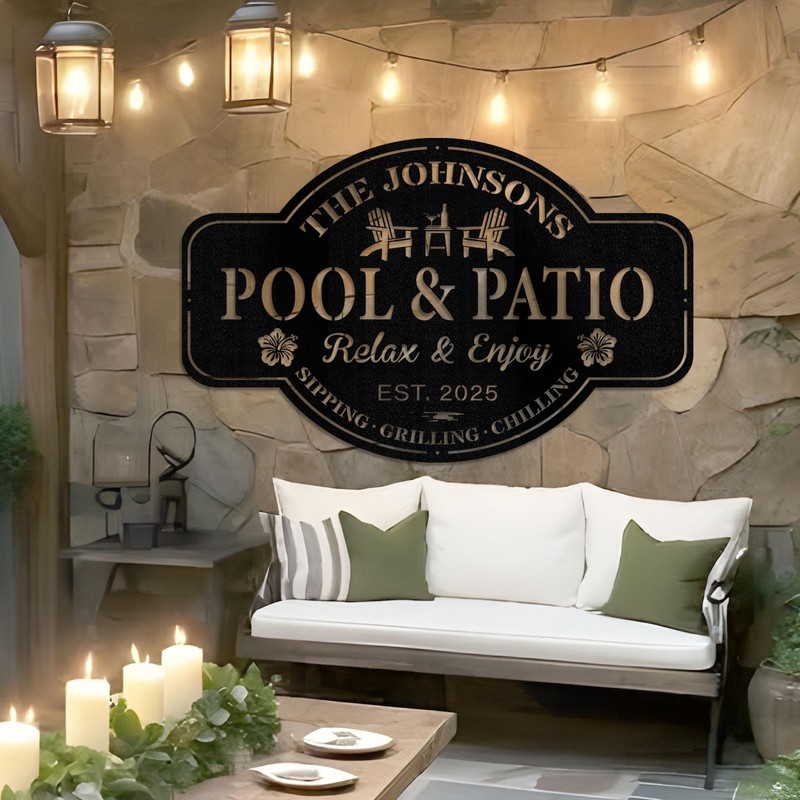 Custom Pool & Patio Metal Sign, Personalized Backyard Decor, Outdoor Bar Gift