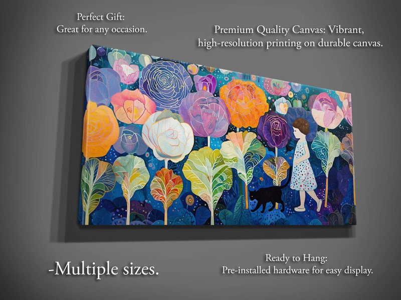 Enchanted Garden, Girl and a Cat Wall Art Canvas Print, Home & Office Décor gallery