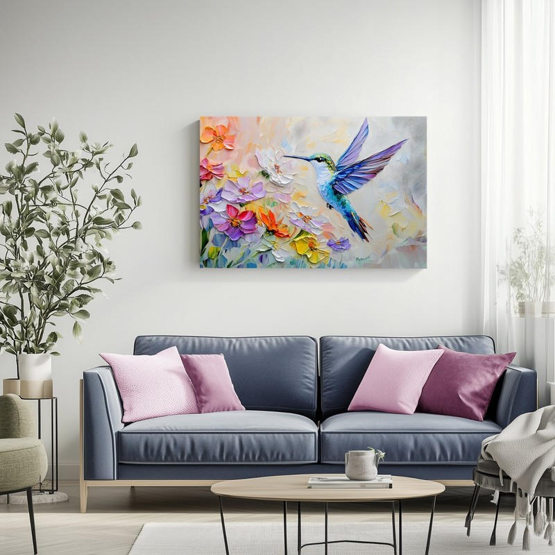 Hummingbird & Spring Wildflowers Pretty Painting Print on Canvas Wall Art Decor gallery