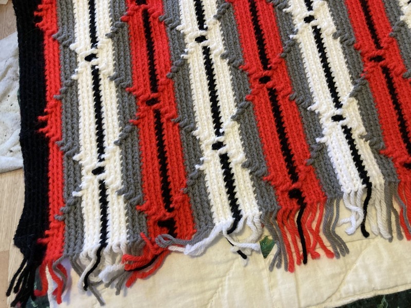 Handmade crochet red/black/gray/white Afghan 57" x 51"nice gallery