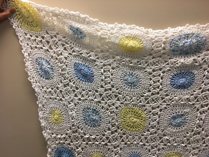 Handmade Crochet Granny Square Afghan / Throw Lap Blanket White/Blue/Yellow gallery