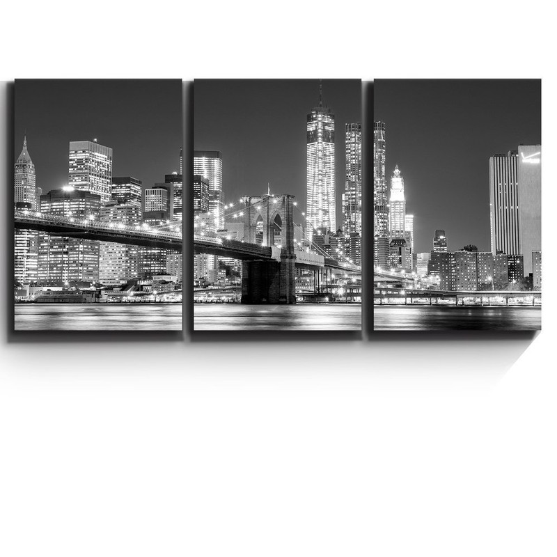 3 Piece Canvas – Black and white Manhattan Skyline and Brooklyn Bridge-16″x24″x3