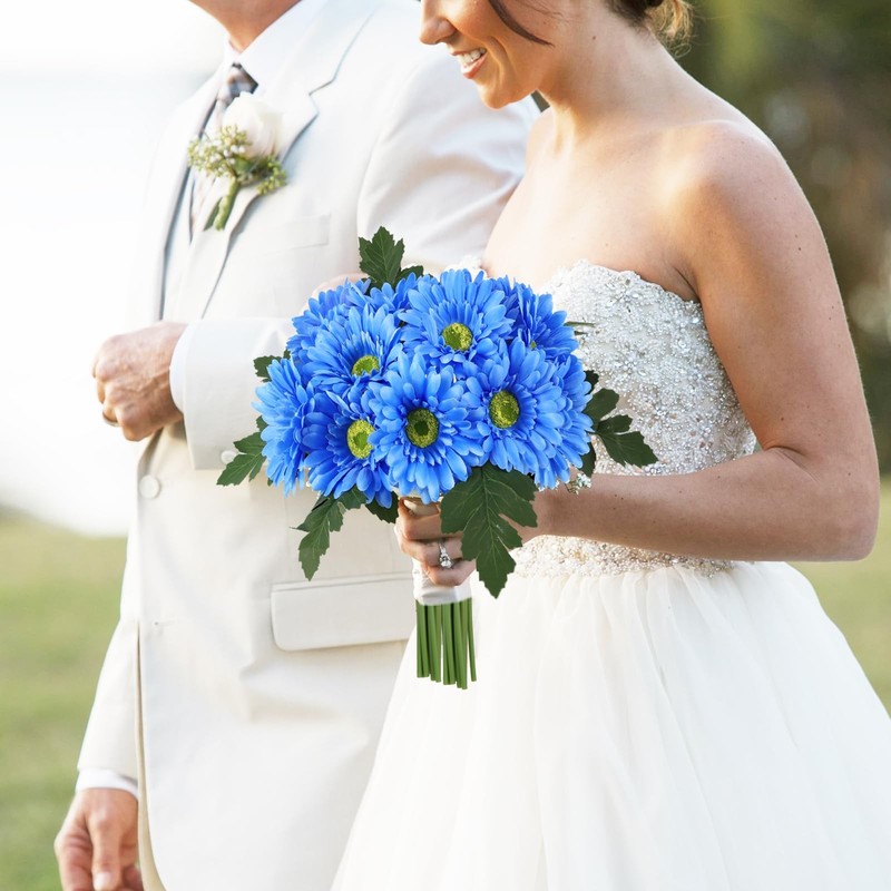 2 Bundles Artificial Gerbera Daisy Flowers 14 Heads Blue Fake Daisy with Stem... gallery