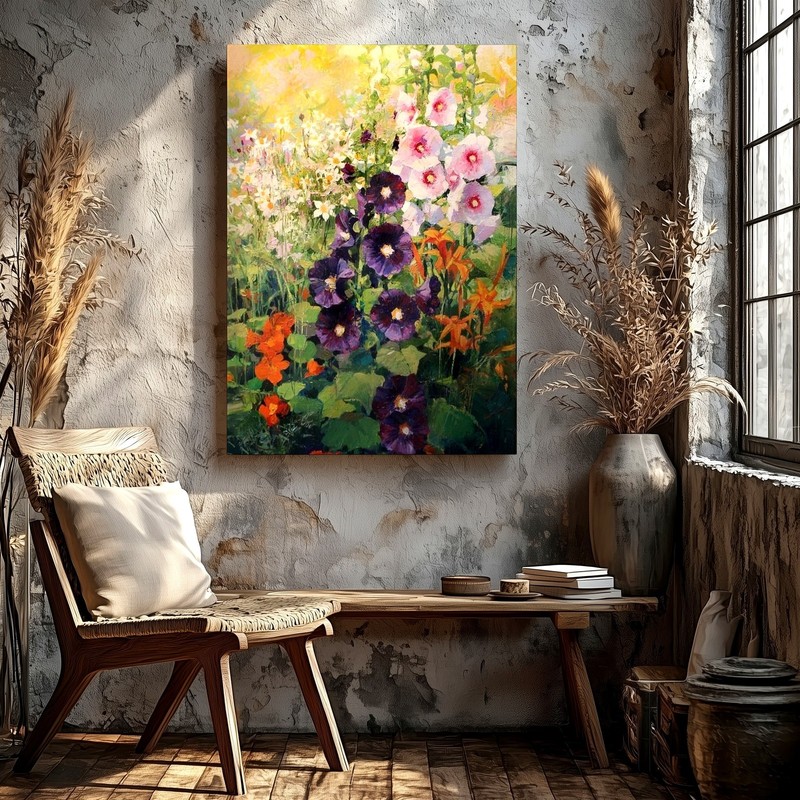 Wall Art Floral Garden Painting Pink Purple Hollyhocks Wildflower Canvas Decor gallery