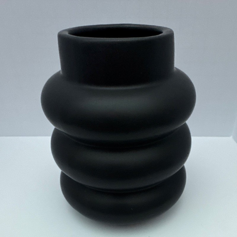 Matte Black Ceramic Round Ribbed Bulbous Table Vase Decorative Freestanding gallery