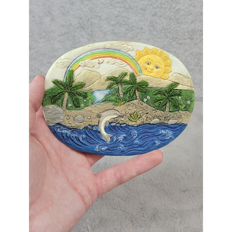 Vintage Tropical Beach Dolphin Rainbow Sun Palm Trees Resin Oval Wall Plaque 4.5