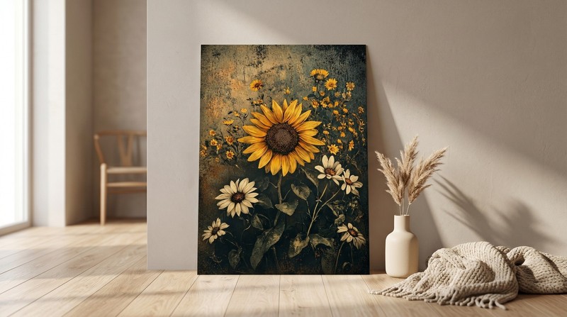 Vintage Sunflower Wall Art Rustic Floral Print Poster Dark Moody Decor gallery