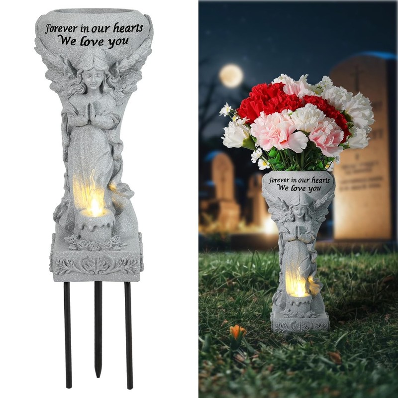 Lewondr Solar Cemetery Vase for Grave, Praying Angel Garden Stake Sculpture w...