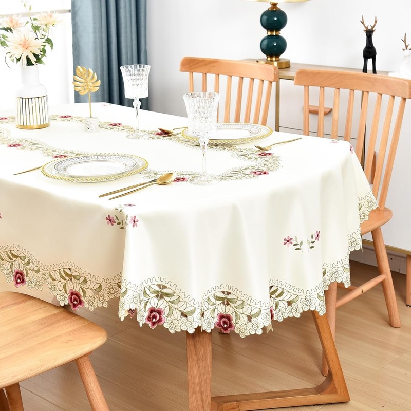 Jacquard Floral Oval Tablecloth Little Rose Embroidered Lace Beige Table Cover