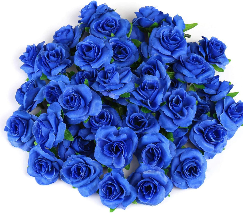 50Pcs Royal Blue Roses Artificial Flowers Bulk, 1.6″ Small Silk Fake Roses Flowe