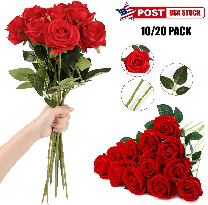 20PCS Red Silk Rose Artificial Flower Proposal Bouquet Home Decor Party Gift USA gallery