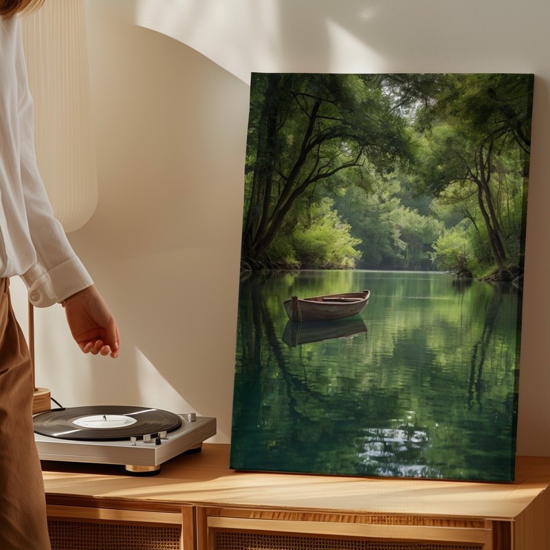 Serene River Landscape Canvas Art With Wooden Boat And Lush Green Trees Print gallery