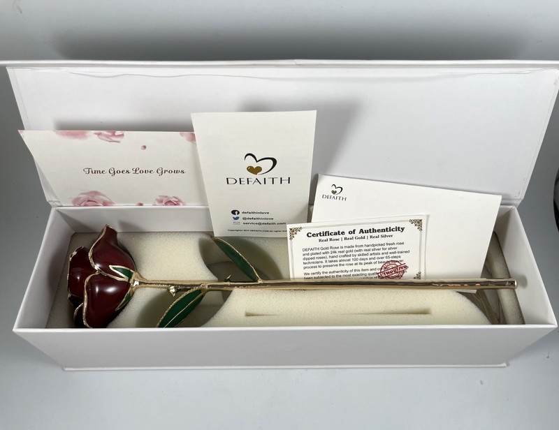 NIB DEFAITH 24K GOLD DIPPED RED WINE ROSE ANNIVERSARY GIFT w/BOX