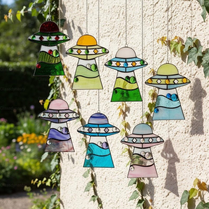 Custom Stained Glass Cat UFO Spaceship Suncatcher: Pressed Flower Alien Encounte