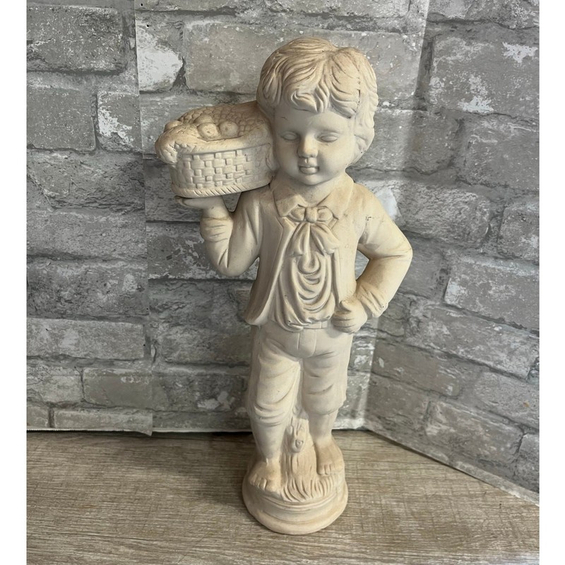 Vintage White Plaster Statuette Boy with Basket Figurine Classic Home Décor
