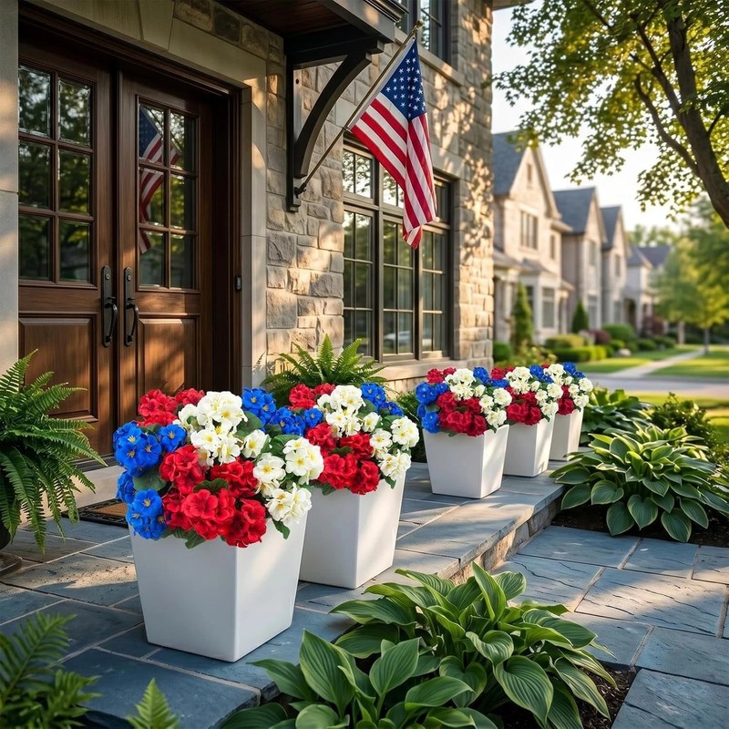 12 Pcs UV Resistant Artificial Geranium Flowers - Red, White, Blue Decor gallery