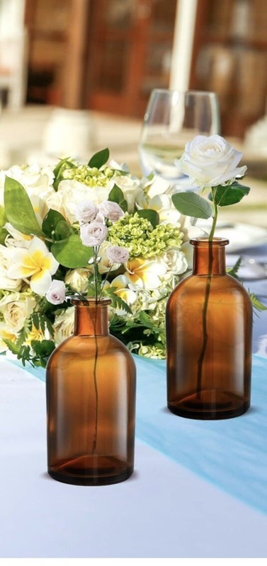 Set Of 2 Amber Glass Bud Vases, 8 Oz Retro Look, Vintage Look. Boho Centerpieces