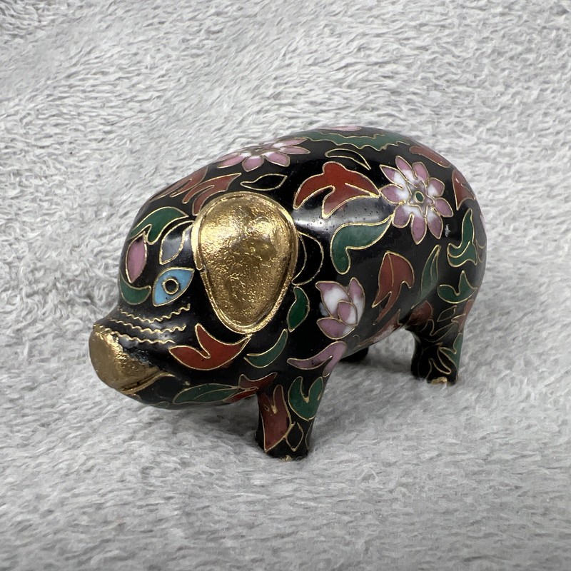 Vintage Pig Chubby Cloisonne Black Floral Design Gold Inlay Statuette 3.5″ MCM