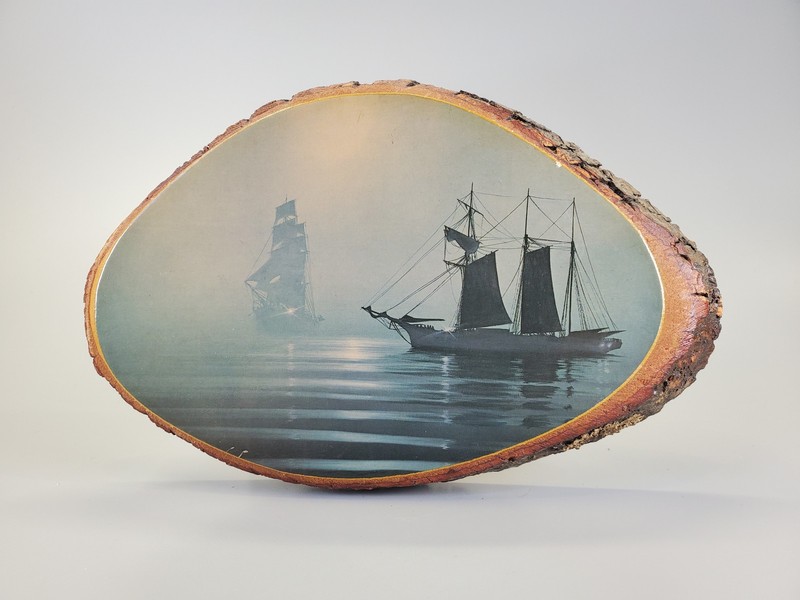 Vintage Ships at Sea Wood Slice Plaque Wall Decor Nautical Art